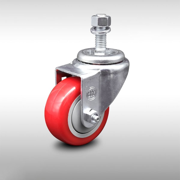 3 Inch SS Red Polyurethane Wheel Swivel 12mm Threaded Stem Caster SCC